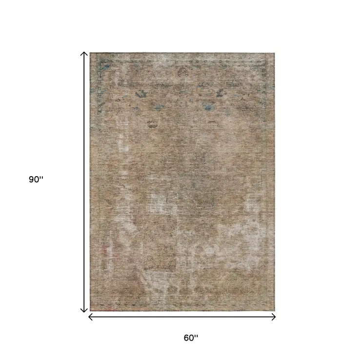5' X 8' Beige And Taupe Abstract Washable Indoor Outdoor Area Rug
