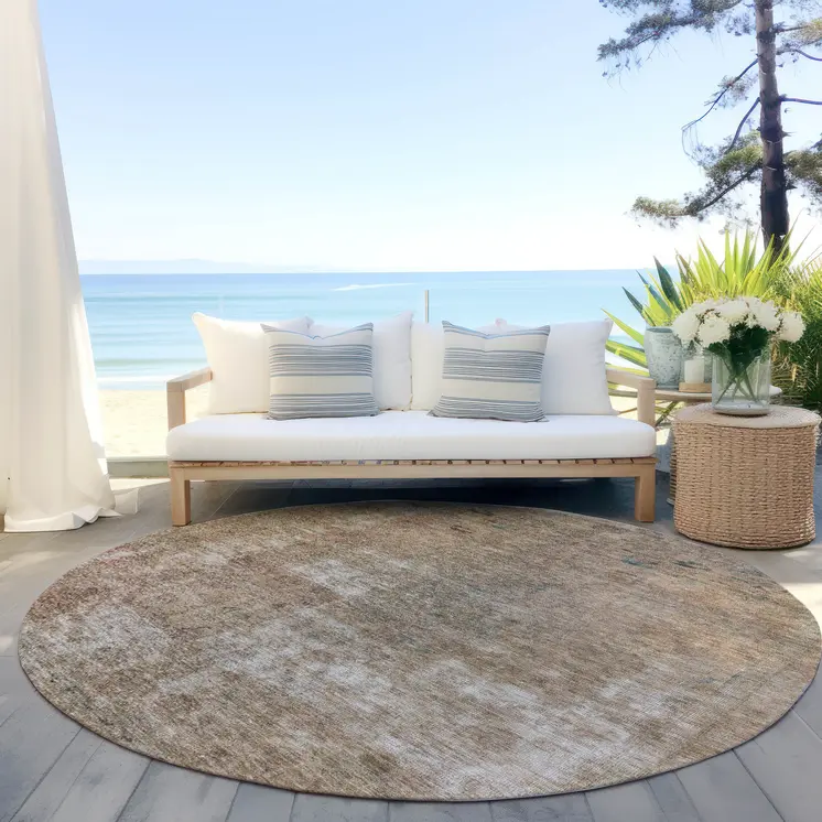 8' Beige And Taupe Round Abstract Washable Indoor Outdoor Area Rug
