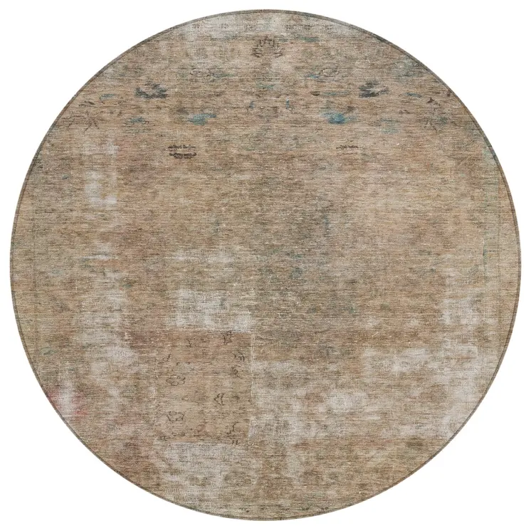 8' Beige And Taupe Round Abstract Washable Indoor Outdoor Area Rug