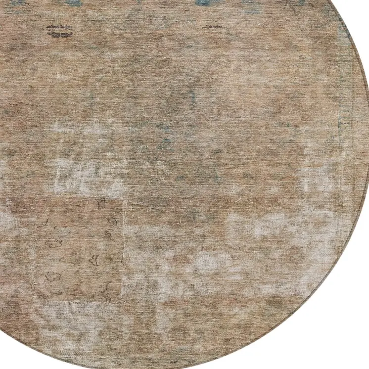 8' Beige And Taupe Round Abstract Washable Indoor Outdoor Area Rug