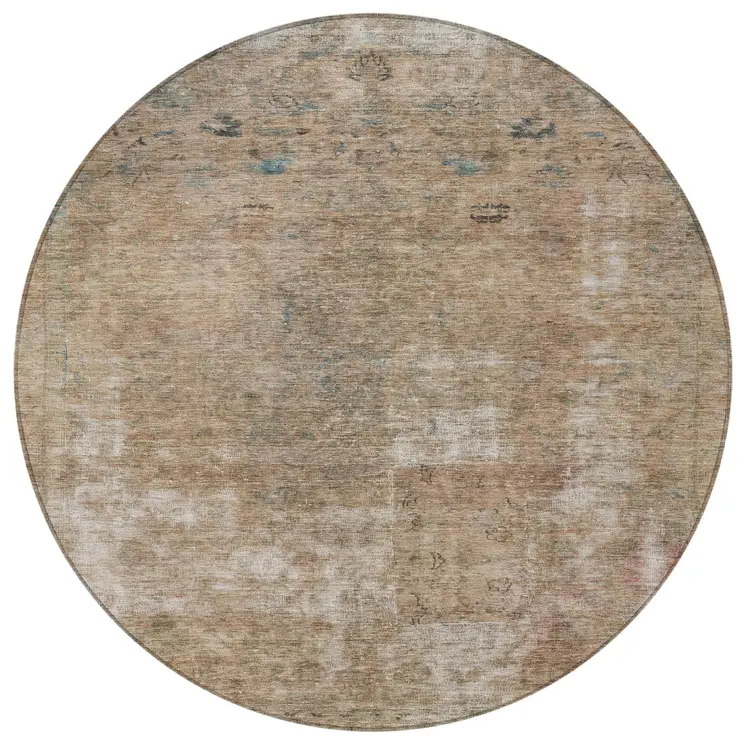 8' Beige And Taupe Round Abstract Washable Indoor Outdoor Area Rug