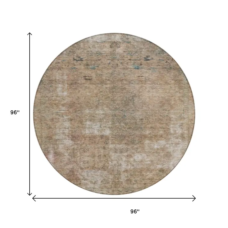 8' Beige And Taupe Round Abstract Washable Indoor Outdoor Area Rug