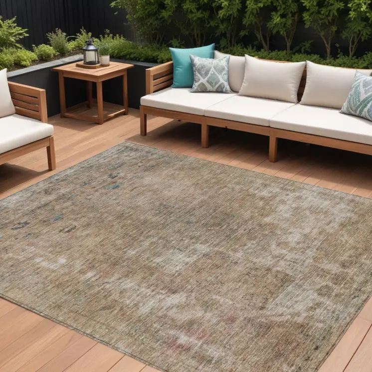9' X 12' Beige And Taupe Abstract Washable Indoor Outdoor Area Rug