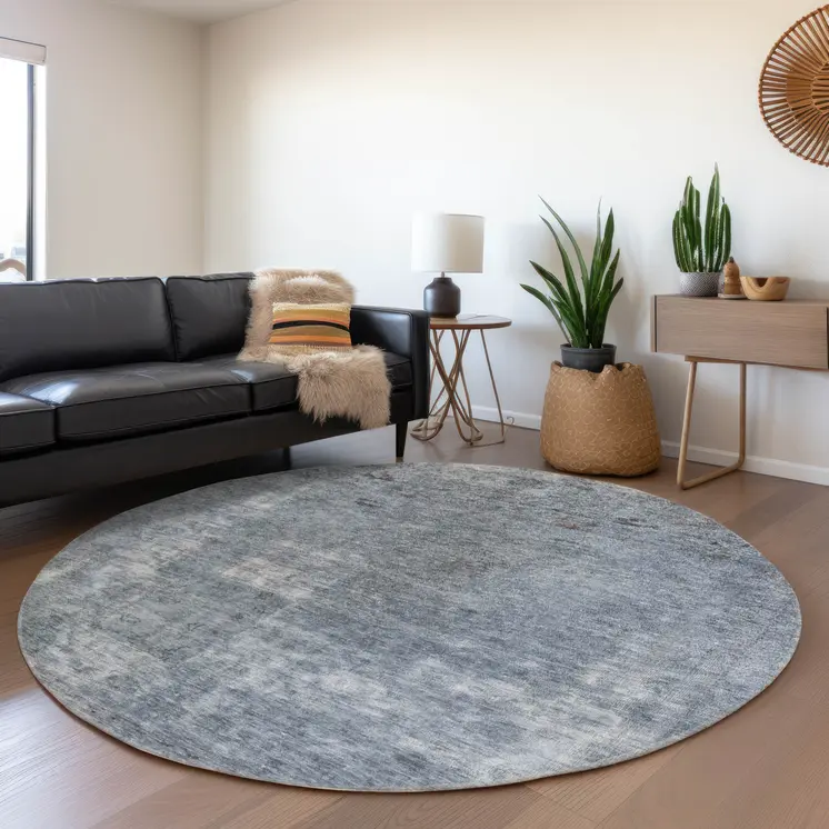 8' Blue And Gray Round Abstract Washable Indoor Outdoor Area Rug
