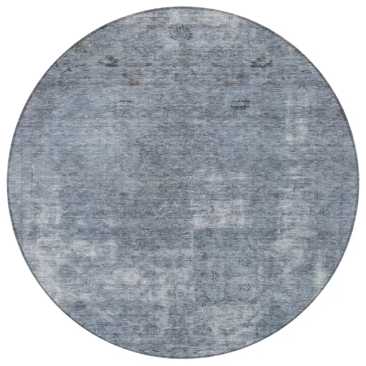 8' Blue And Gray Round Abstract Washable Indoor Outdoor Area Rug