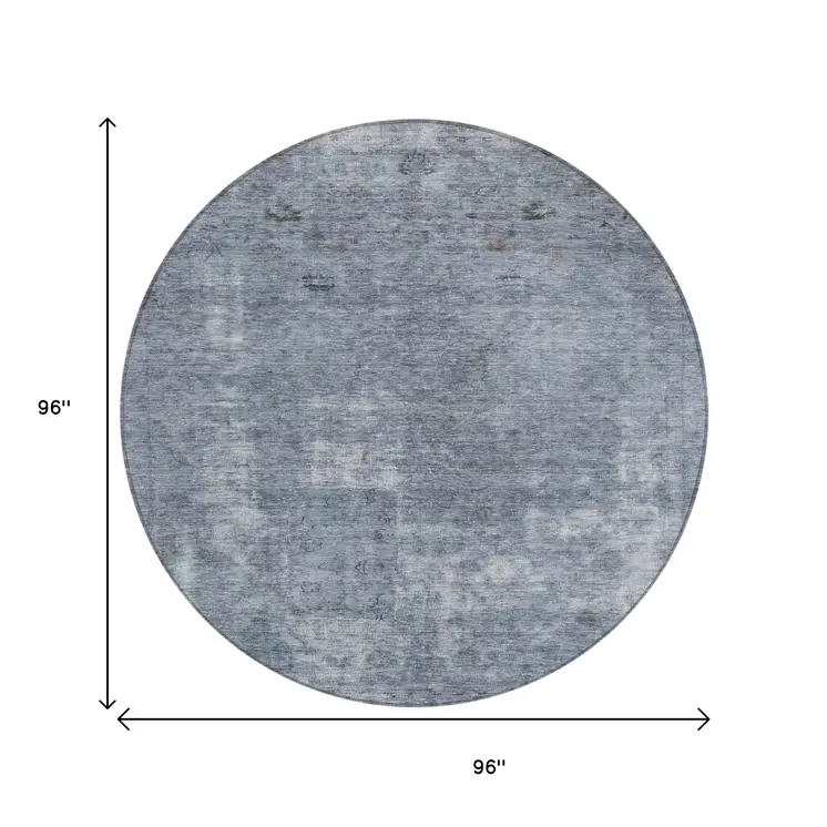 8' Blue And Gray Round Abstract Washable Indoor Outdoor Area Rug