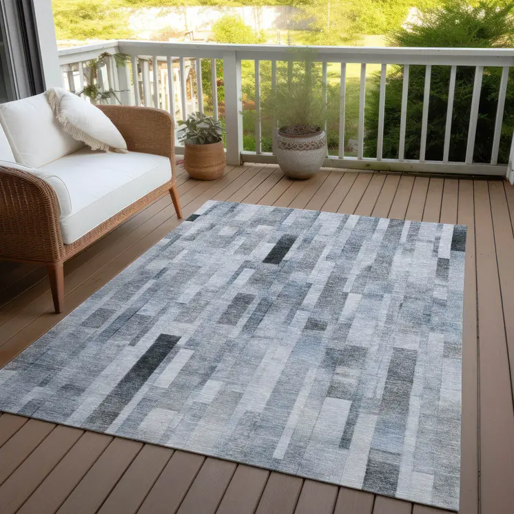 3' X 5' Blue And Gray Striped Washable Indoor Outdoor Area Rug