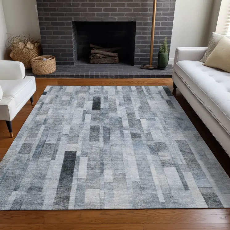 5' X 8' Blue And Gray Striped Washable Indoor Outdoor Area Rug