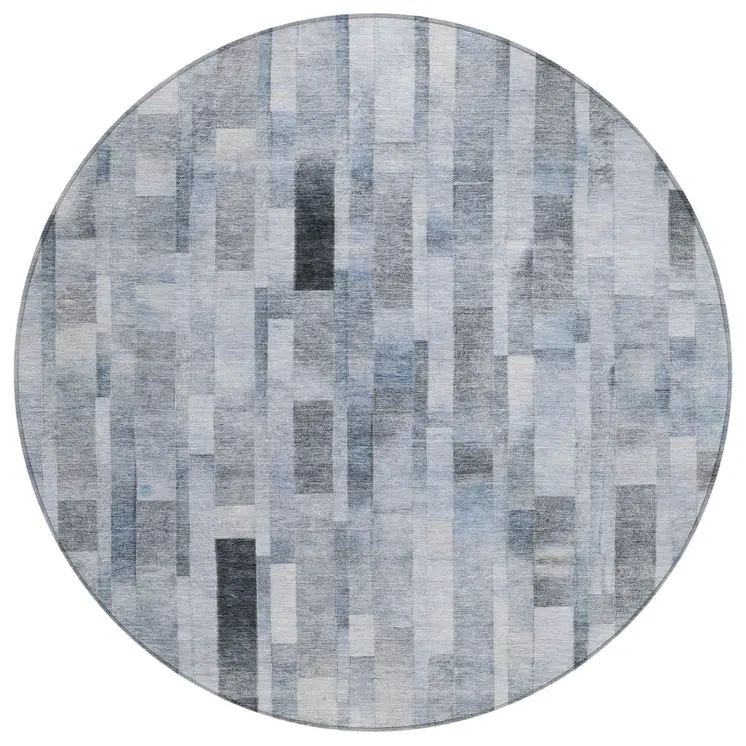 8' Blue And Gray Round Striped Washable Indoor Outdoor Area Rug