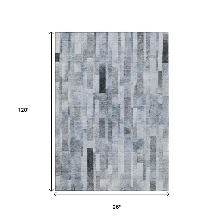 8' X 10' Blue And Gray Striped Washable Indoor Outdoor Area Rug