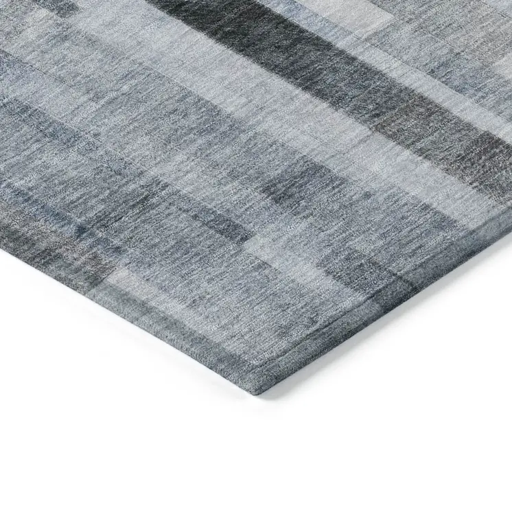 9' X 12' Blue And Gray Striped Washable Indoor Outdoor Area Rug