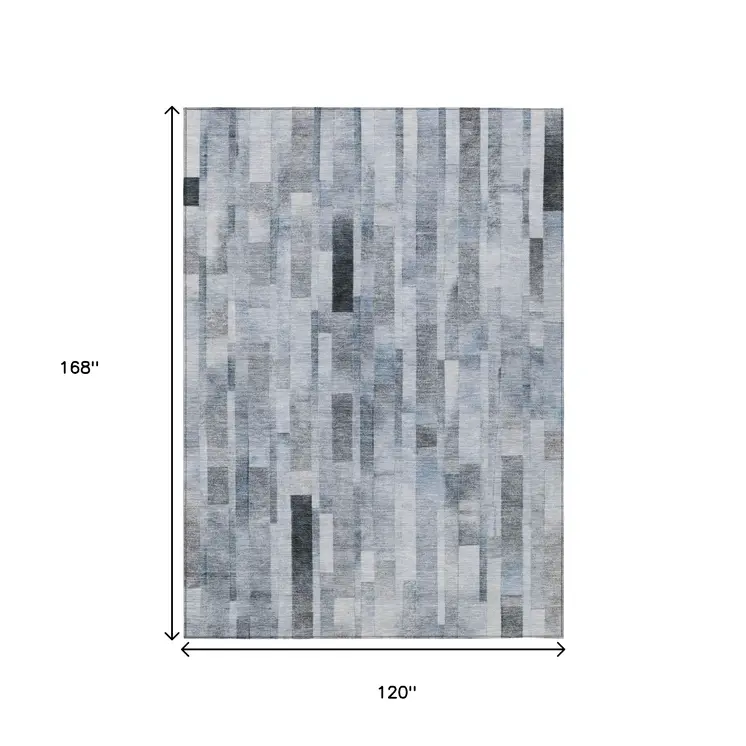 10' X 14' Blue And Gray Striped Washable Indoor Outdoor Area Rug