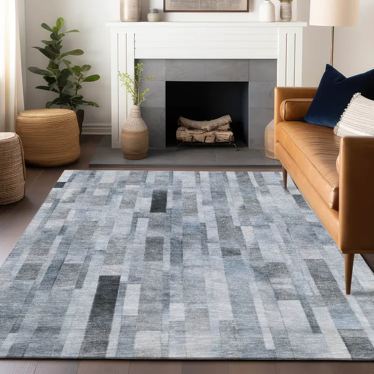 10' X 14' Blue And Gray Striped Washable Indoor Outdoor Area Rug