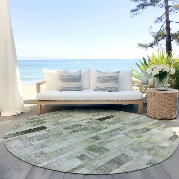 8' Green And Gray Round Striped Washable Indoor Outdoor Area Rug