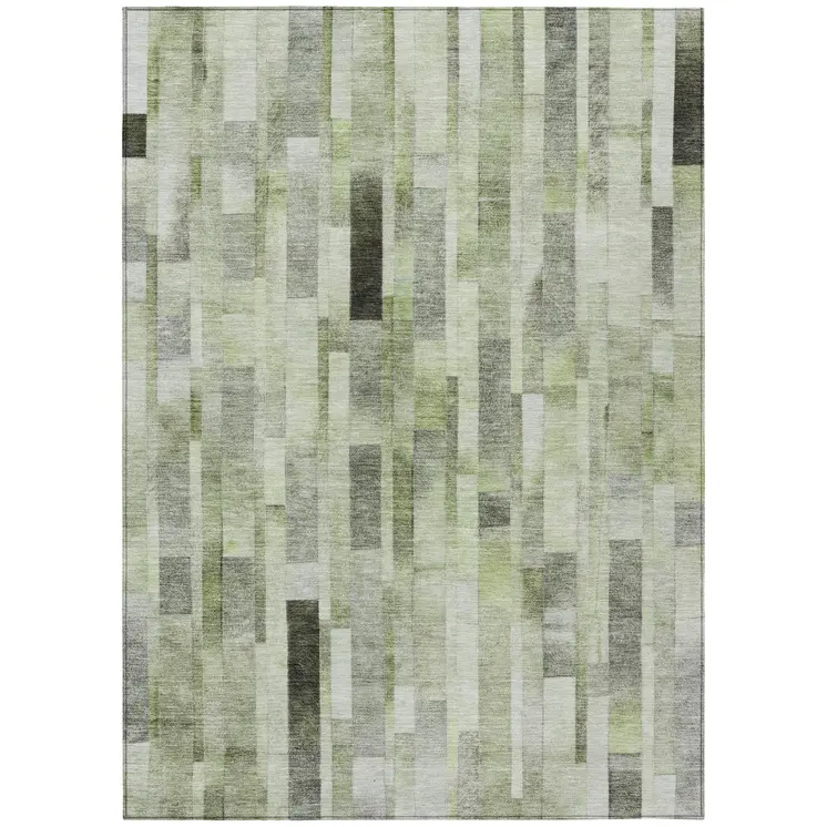 9' X 12' Green And Gray Striped Washable Indoor Outdoor Area Rug