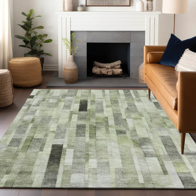 9' X 12' Green And Gray Striped Washable Indoor Outdoor Area Rug