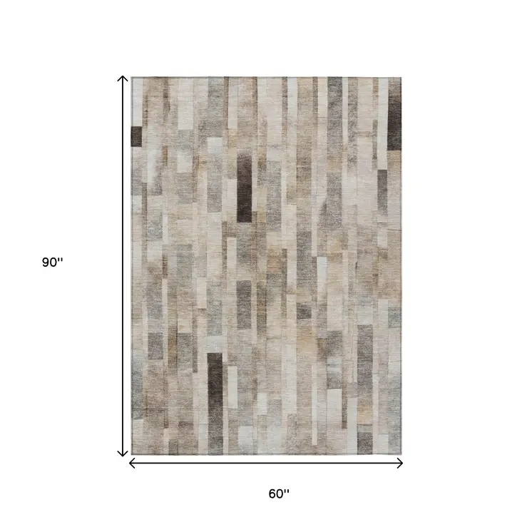 5' X 8' Taupe And Gray Striped Washable Indoor Outdoor Area Rug