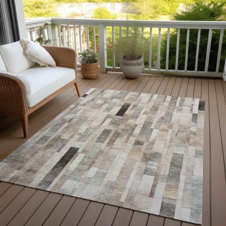 8' X 10' Taupe And Gray Striped Washable Indoor Outdoor Area Rug