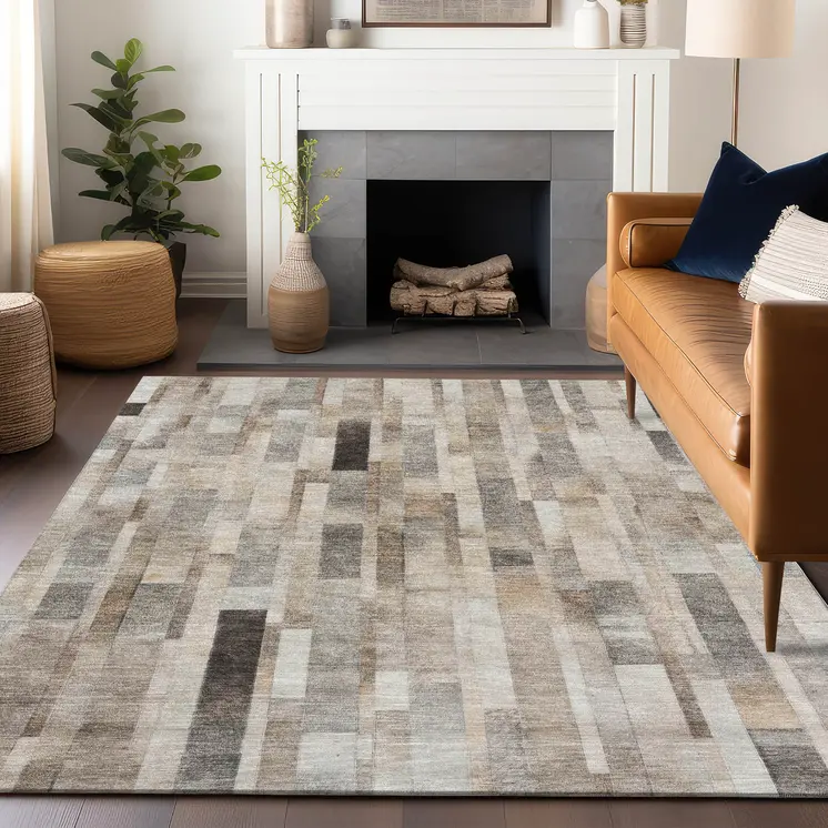 8' X 10' Taupe And Gray Striped Washable Indoor Outdoor Area Rug