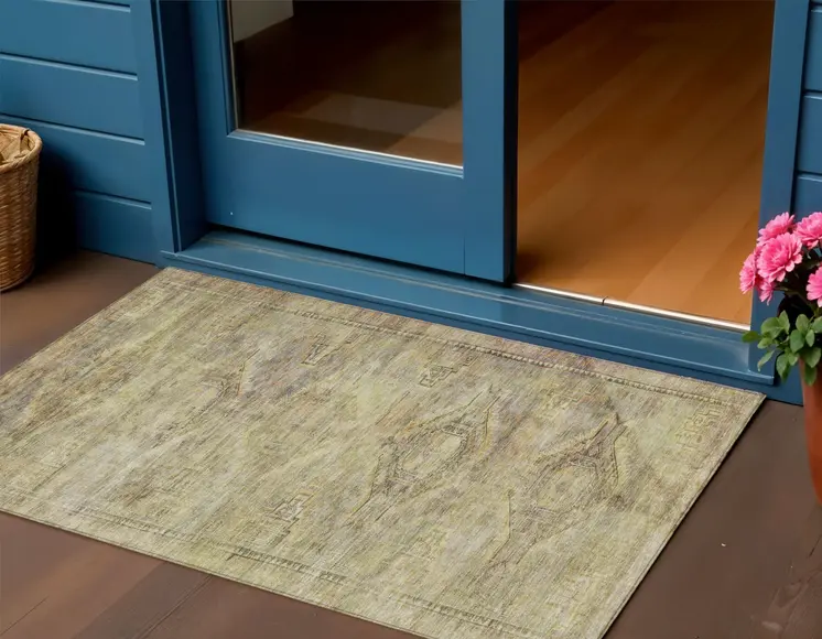 3' X 5' Artichoke Green And Taupe Aztec Washable Indoor Outdoor Area Rug