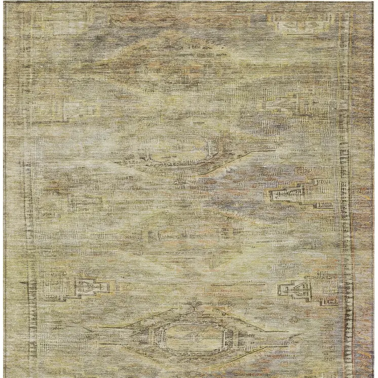 5' X 8' Artichoke Green And Taupe Aztec Washable Indoor Outdoor Area Rug