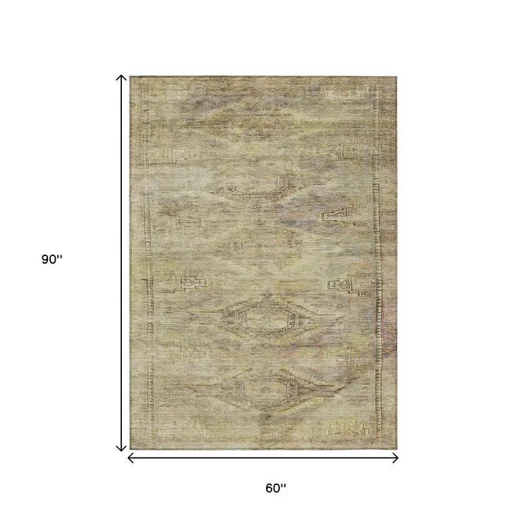 5' X 8' Artichoke Green And Taupe Aztec Washable Indoor Outdoor Area Rug