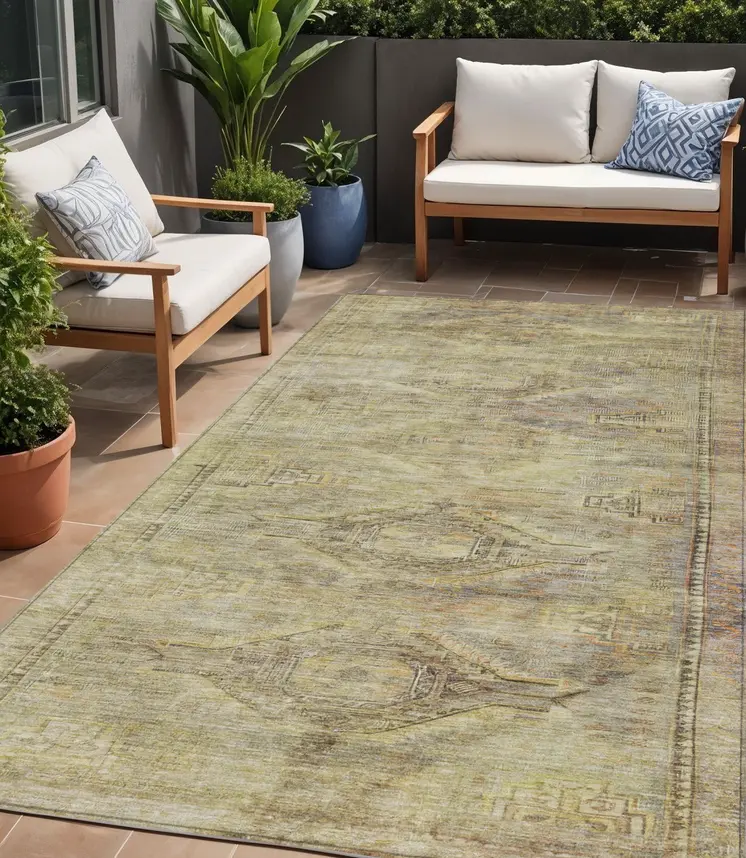5' X 8' Artichoke Green And Taupe Aztec Washable Indoor Outdoor Area Rug