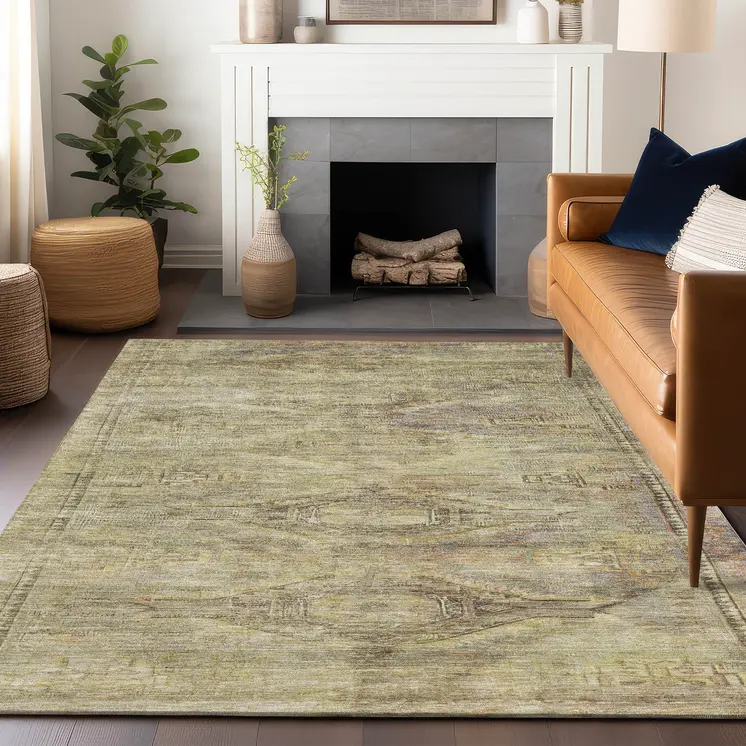 5' X 8' Artichoke Green And Taupe Aztec Washable Indoor Outdoor Area Rug