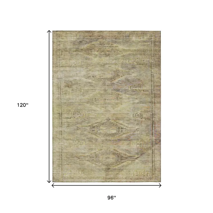 8' X 10' Artichoke Green And Taupe Aztec Washable Indoor Outdoor Area Rug