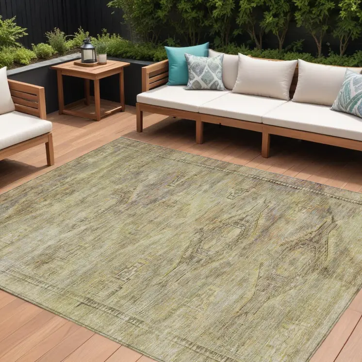 8' X 10' Artichoke Green And Taupe Aztec Washable Indoor Outdoor Area Rug