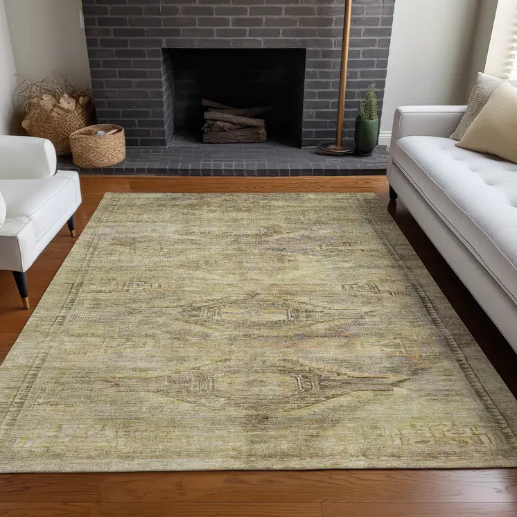 10' X 14' Artichoke Green And Taupe Aztec Washable Indoor Outdoor Area Rug
