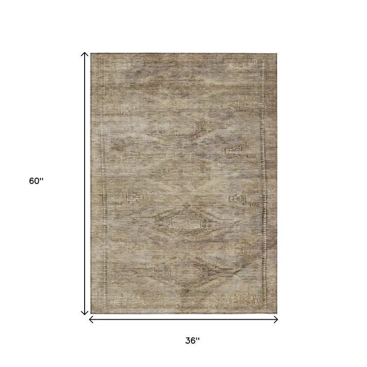 3' X 5' Brown And Taupe Aztec Washable Indoor Outdoor Area Rug