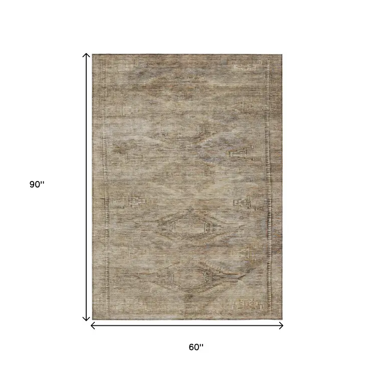 5' X 8' Brown And Taupe Aztec Washable Indoor Outdoor Area Rug
