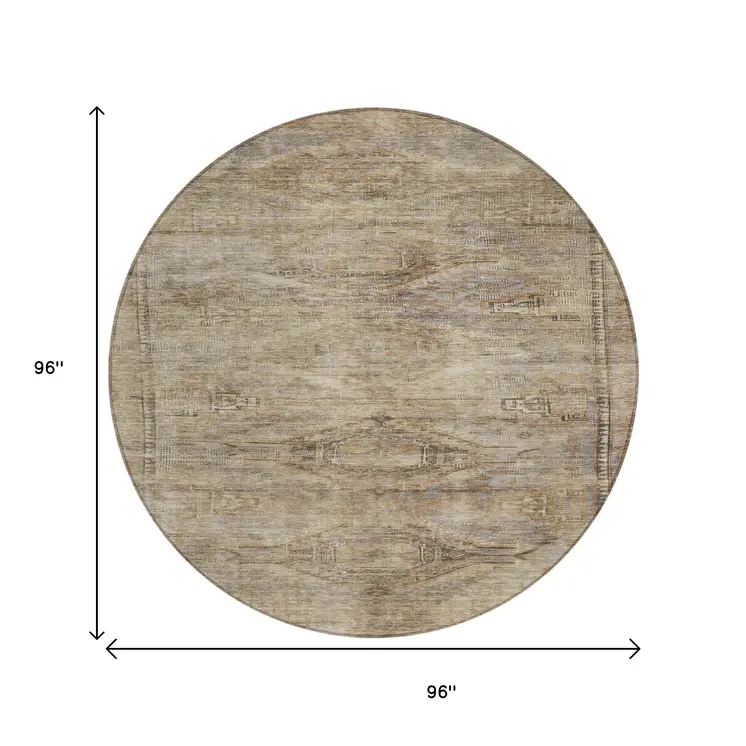 8' Brown And Taupe Round Aztec Washable Indoor Outdoor Area Rug