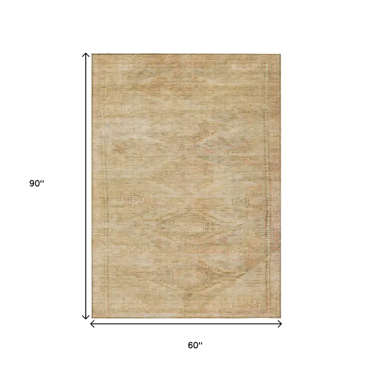 5' X 8' Linen And Wheat Aztec Washable Indoor Outdoor Area Rug