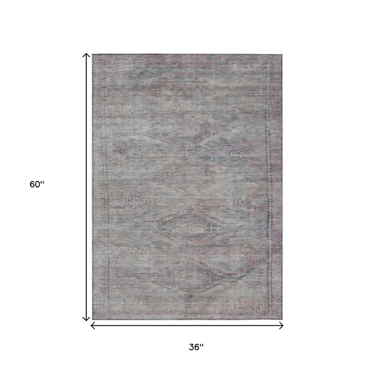 3' X 5' Pewter And Gray Aztec Washable Indoor Outdoor Area Rug