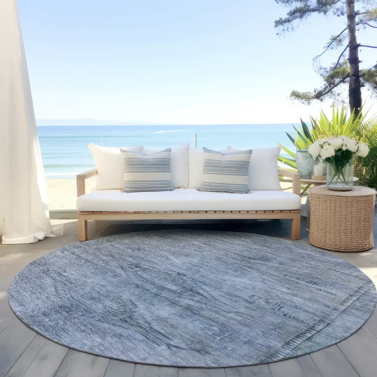 8' Sky Blue And Gray Round Aztec Washable Indoor Outdoor Area Rug