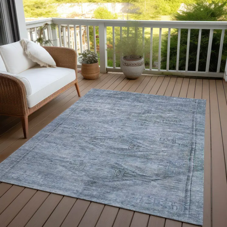 9' X 12' Sky Blue And Gray Aztec Washable Indoor Outdoor Area Rug