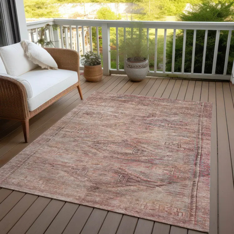 5' X 8' Salmon And Copper Aztec Washable Indoor Outdoor Area Rug