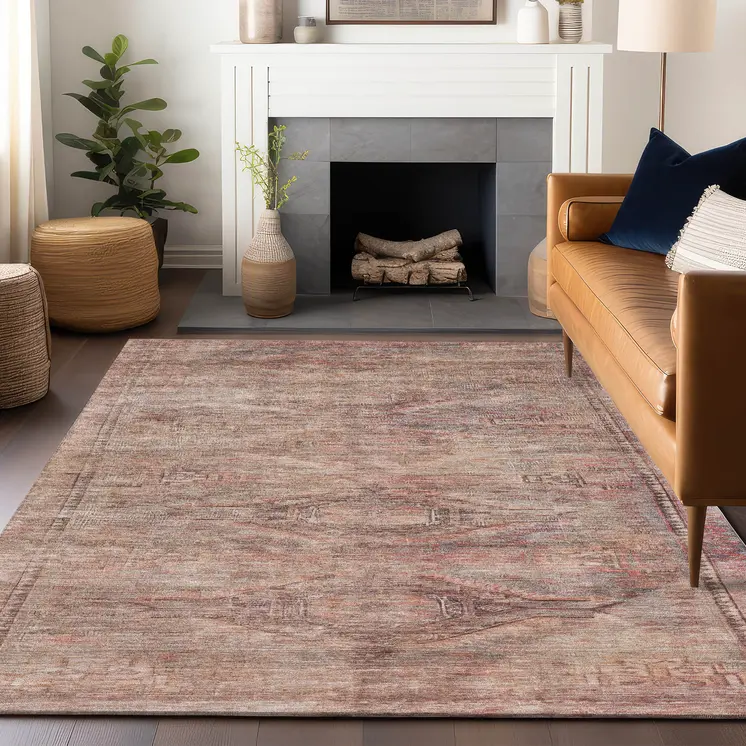 5' X 8' Salmon And Copper Aztec Washable Indoor Outdoor Area Rug