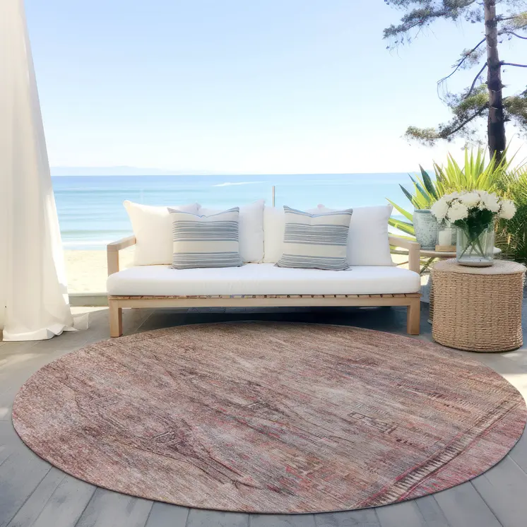 8' Salmon And Copper Round Aztec Washable Indoor Outdoor Area Rug