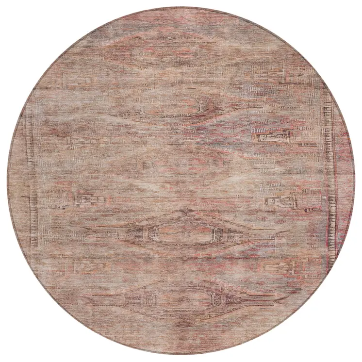 8' Salmon And Copper Round Aztec Washable Indoor Outdoor Area Rug
