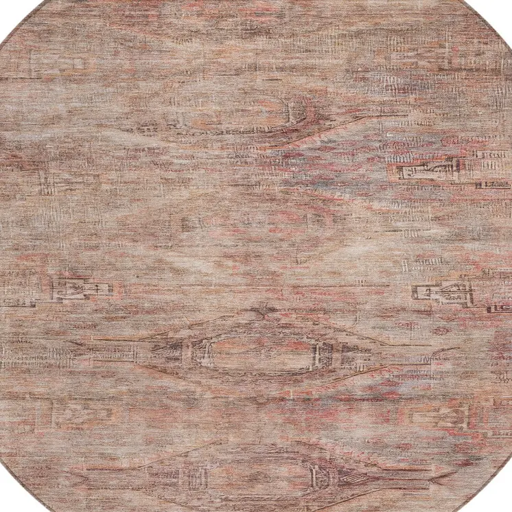 8' Salmon And Copper Round Aztec Washable Indoor Outdoor Area Rug