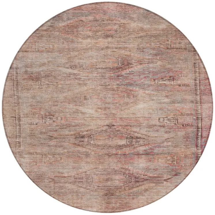 8' Salmon And Copper Round Aztec Washable Indoor Outdoor Area Rug