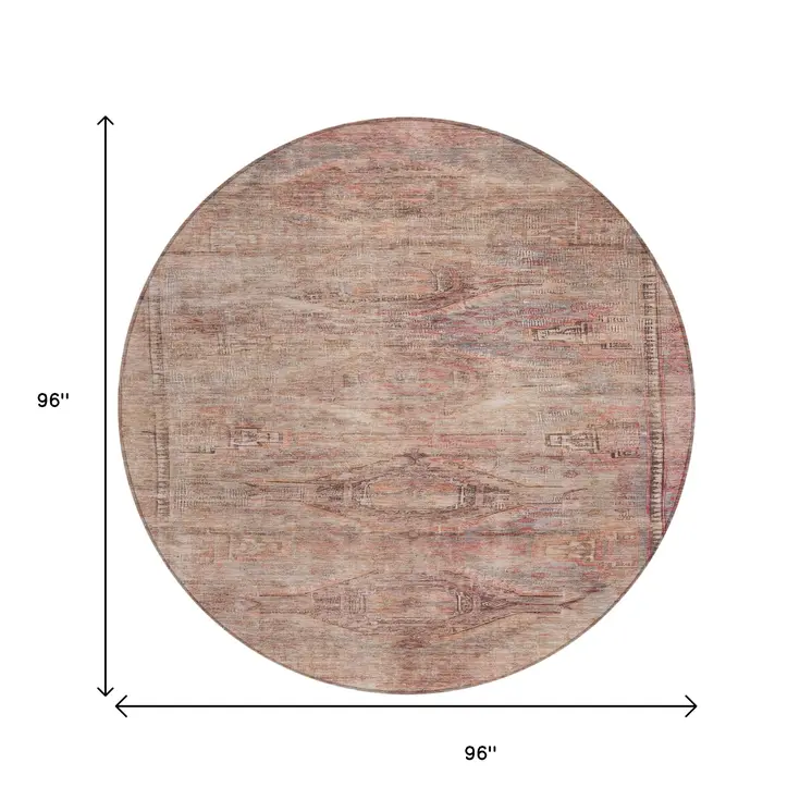 8' Salmon And Copper Round Aztec Washable Indoor Outdoor Area Rug