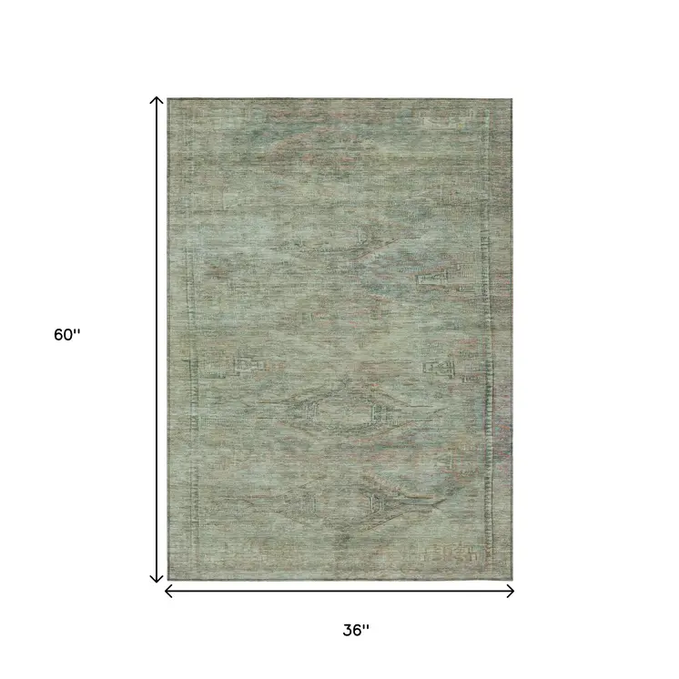 3' X 5' Teal Blue And Sage Aztec Washable Indoor Outdoor Area Rug