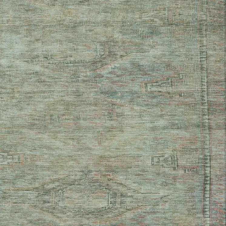 3' X 5' Teal Blue And Sage Aztec Washable Indoor Outdoor Area Rug