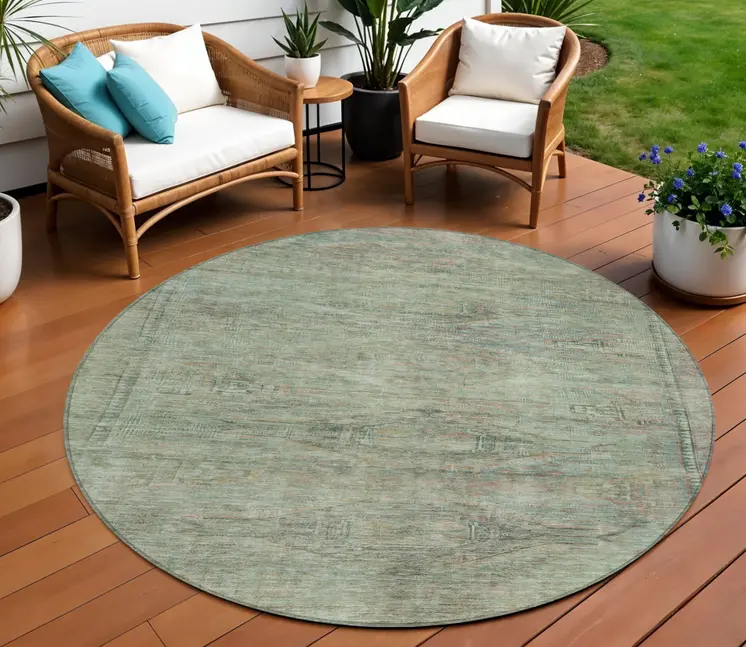 8' Teal Blue And Sage Round Aztec Washable Indoor Outdoor Area Rug
