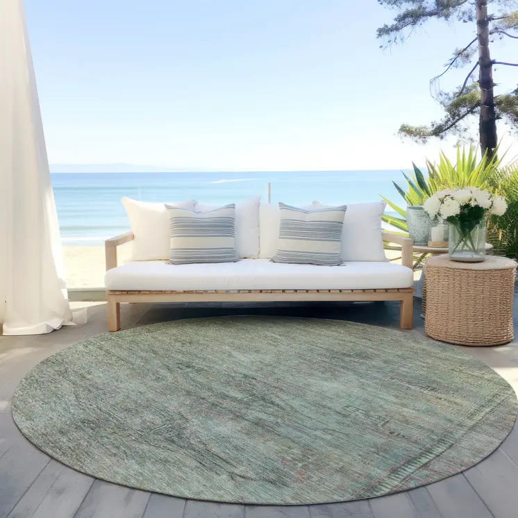 8' Teal Blue And Sage Round Aztec Washable Indoor Outdoor Area Rug