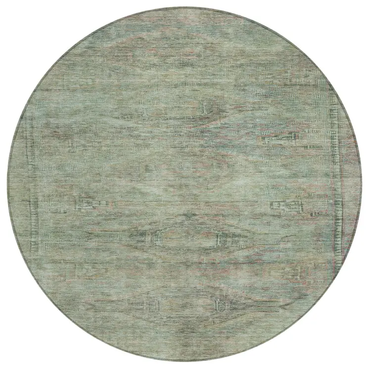 8' Teal Blue And Sage Round Aztec Washable Indoor Outdoor Area Rug